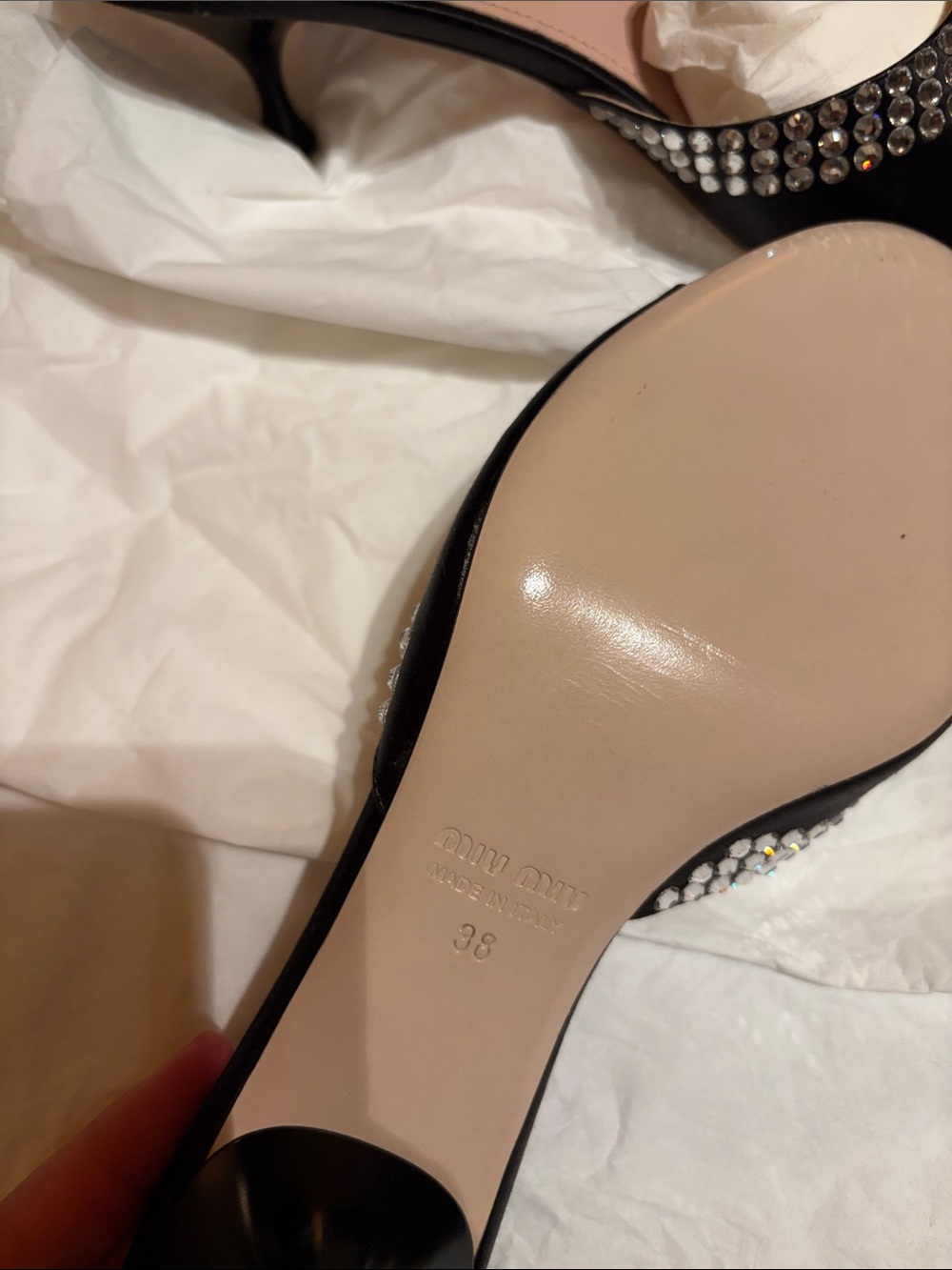 Miu Miu Black Satin Crystal-Embellished Slide Mules - Picture 5 of 6